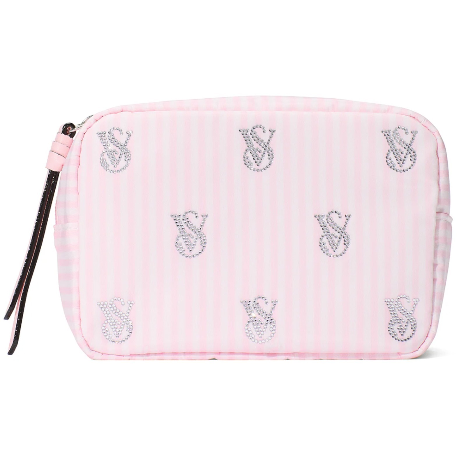 Victoria Secret Satin Makeup Bag White Pink Stripe Shine Logo Travel Pouch Nwt